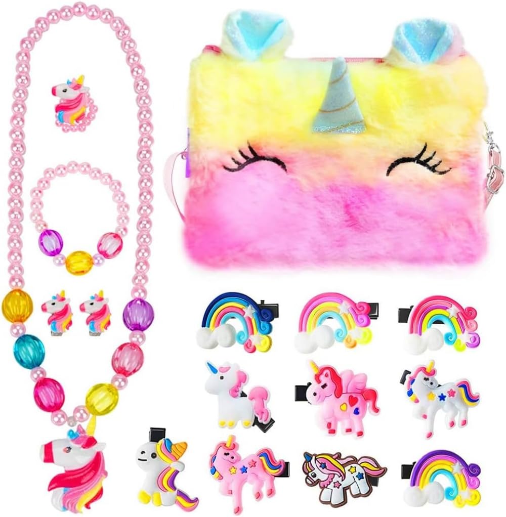 Peluche Bolso Bandolera, Regalos de Unicornio Joyas Set Accesorios con Clips de Pelo de Unicornio Arcoiris Collar Pulsera Anillo Pendiente para Niñas Vestirse y Juego de Roles