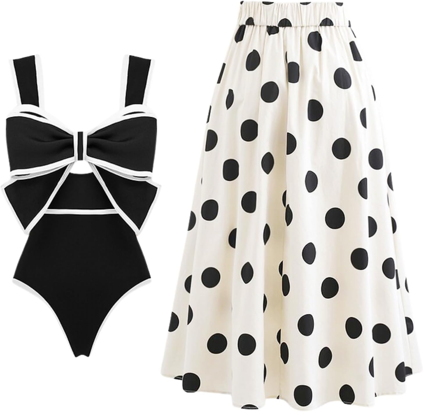 FLAXMAKER Black and White Swimsuit Bow-tie Decor Women's Polka dot Print Skirt One Piece Bathing Suit with Skirt