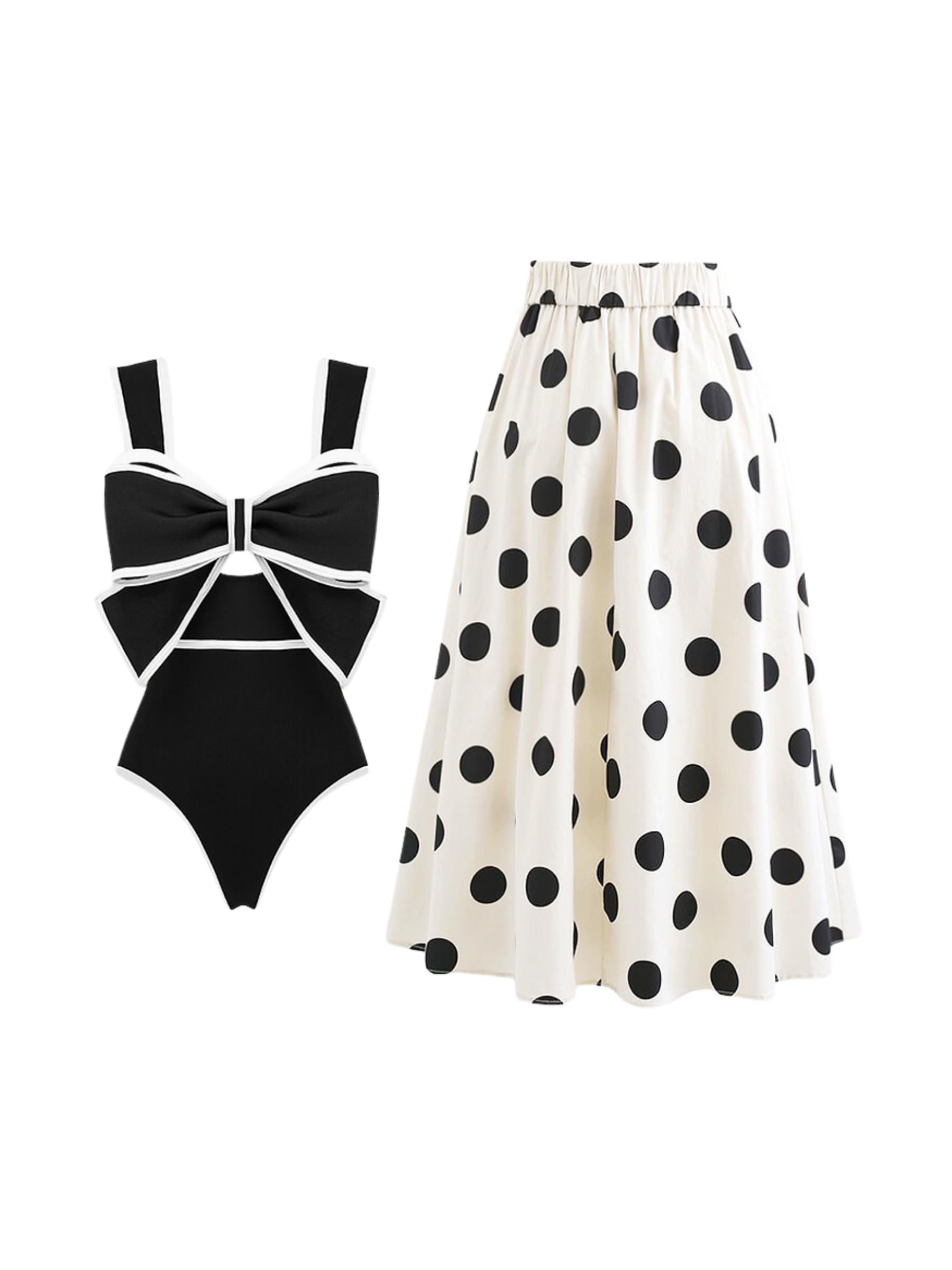 FLAXMAKER Black and White Swimsuit Bow-tie Decor Womens Polka dot Print Skirt One Piece Bathing Suit with Skirt