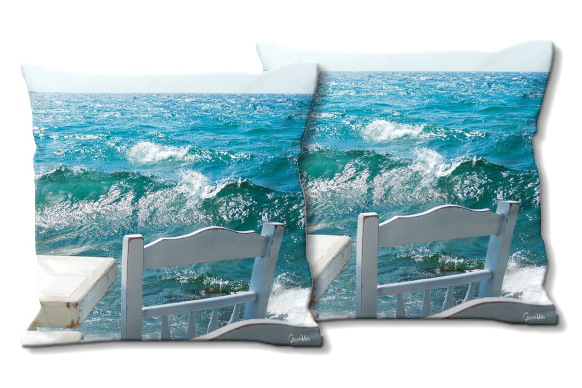 Mykonos - Foto-Kissen-Hülle Set (2 STK.) 40 x 40 cm | Kissen-Bezüge - passend zu Wandbild - Deko-Kissen - Hafen Taverne Ägäis Kykladen