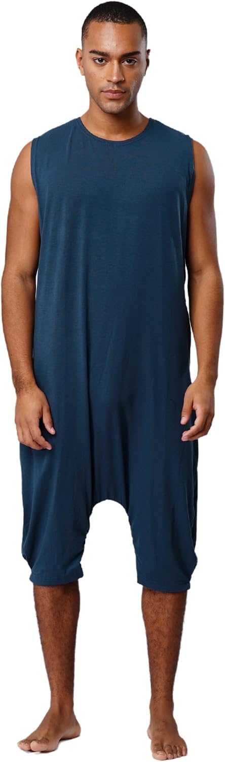 Men's Loose Romper Zipper Crotch Shirt Bodysuit Henley Jumpsuit One Piece Pajamas Tops