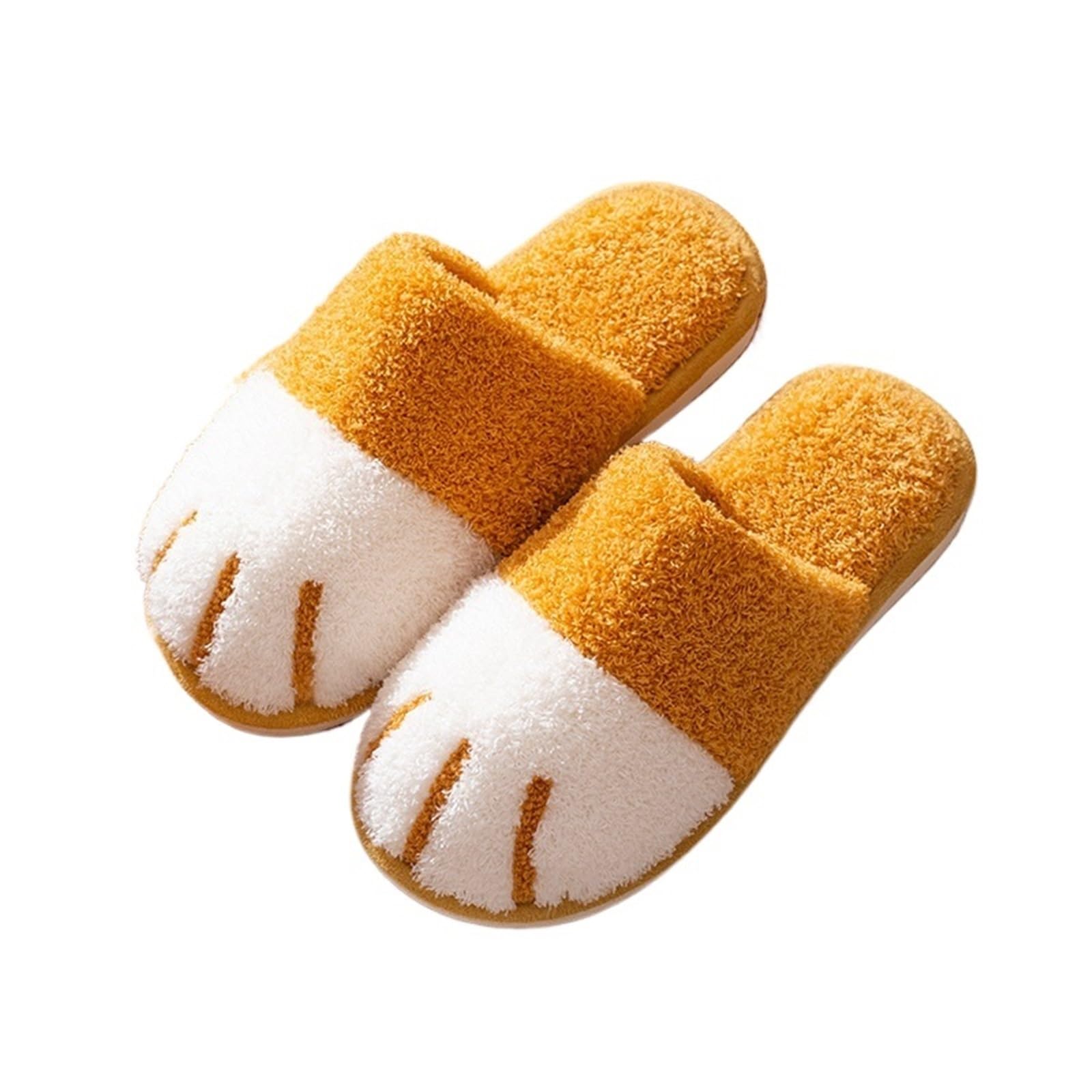 ERHTGUO Cat Paw Warm Slippers For Women Winter Plush House Cute Couple Indoor Bedroom Fuzzy Shoes(Yellow,38-39)
