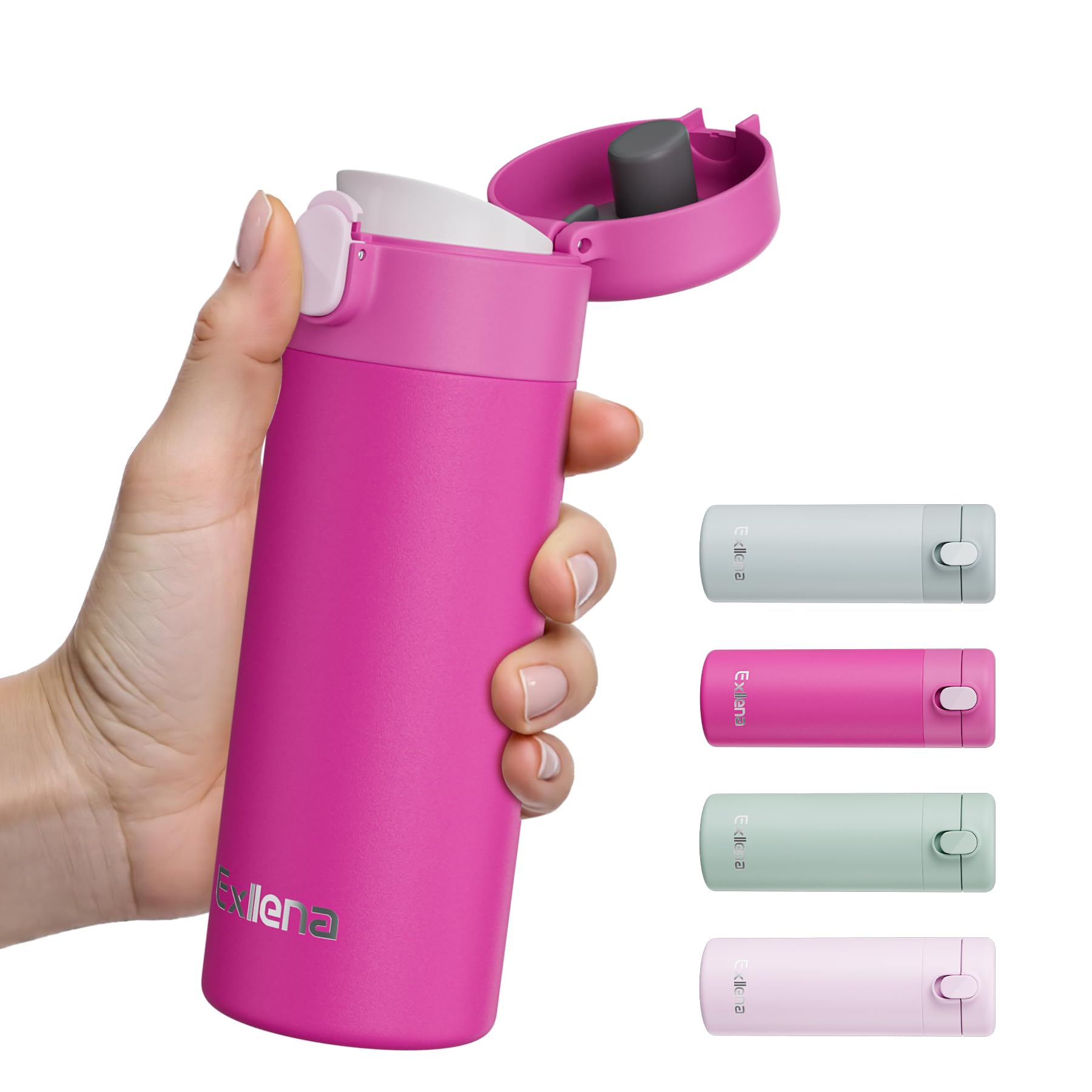 Exllena Small Insulated Water Bottle with Push-Button Lid – 380ml Small Flask, Leakproof Mini Water Bottle for Coffee, Milk, Travel, School & Office Use(Magenta)