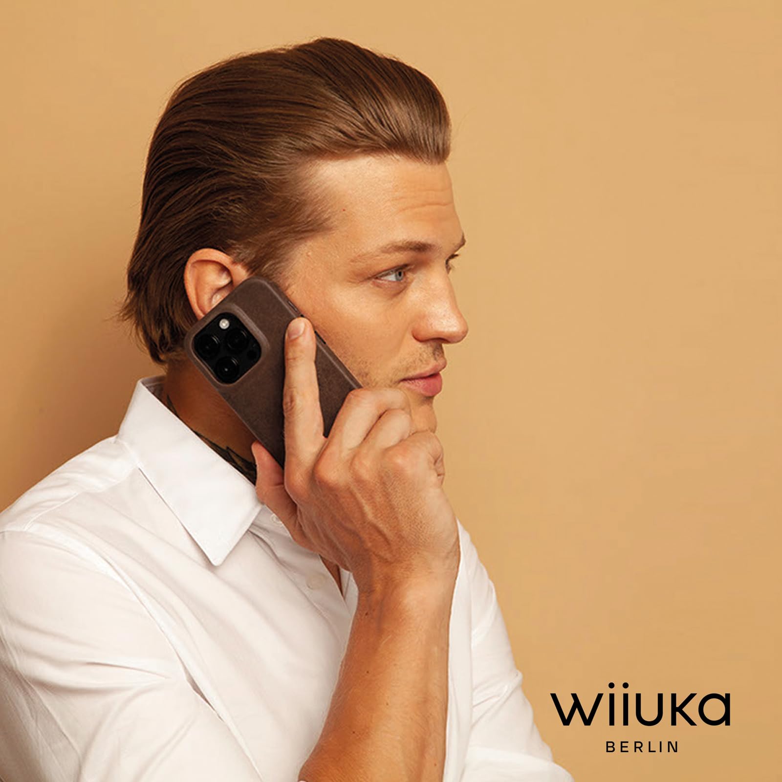 WIIUKA Hülle für iPhone 16 Pro, Leder aus Deutschland, Lederhülle extra Dünn, Premium Handyhülle, Case, Qi, skiin More, Vintage Braun