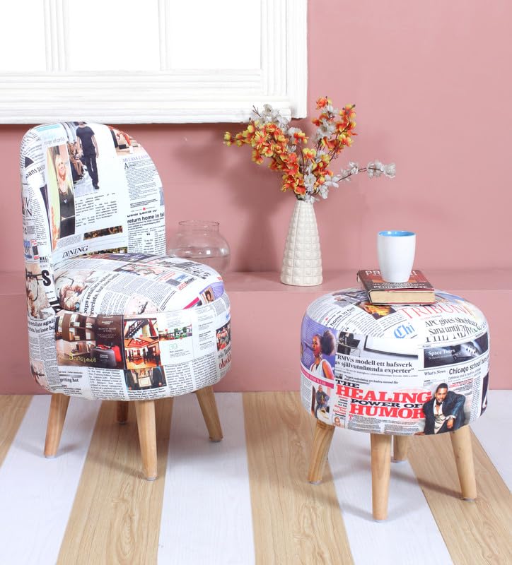 Image of Printed Ottoman Stool with Chair, Velvet Footrest Stool for Living Room, Wooden Legs Ottoman for Sofa & Living Room Decor, Chair (18 inchx32 inch), Puffy (16 inchx17 inch), Cmbo-Newspaper