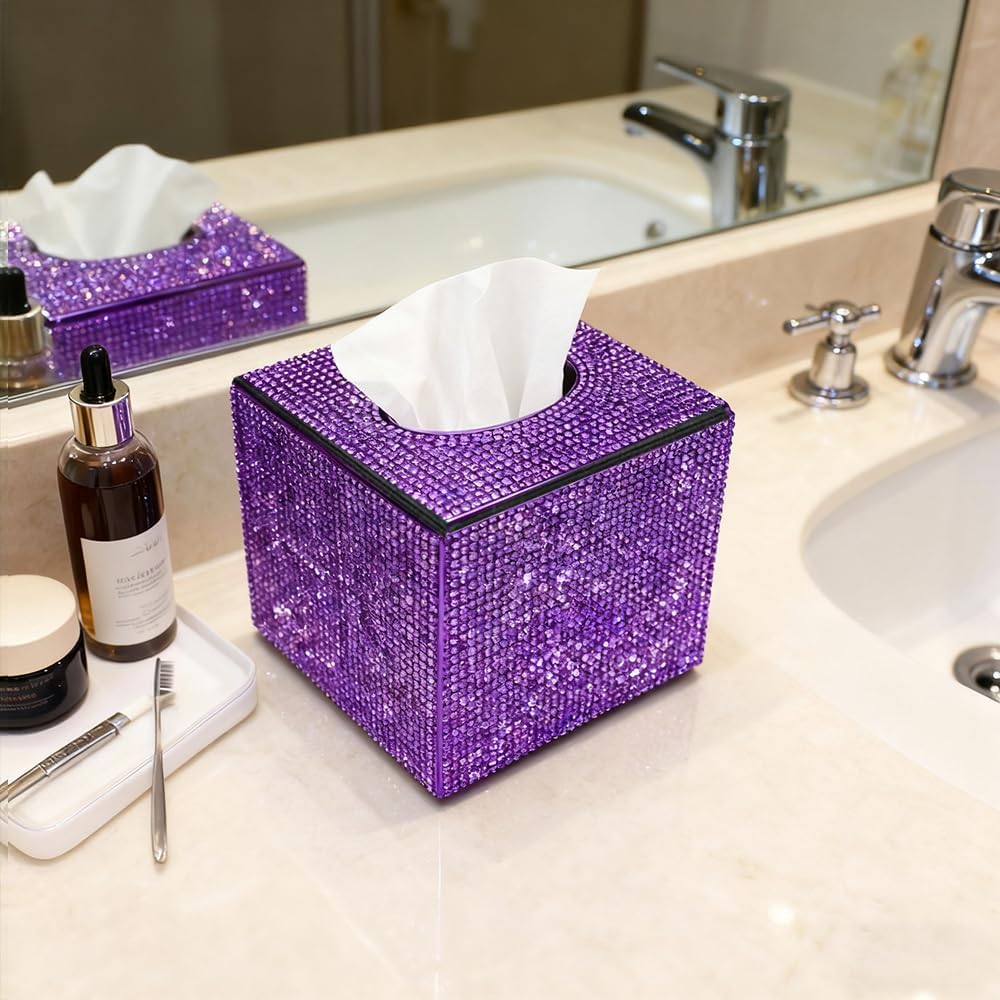Bling Crystal Rhinestone Rectangular Tissue Box Cover - Sparkling Facial Napkin Dispenser Holder for Car Home Office for Women or Men (Purple)