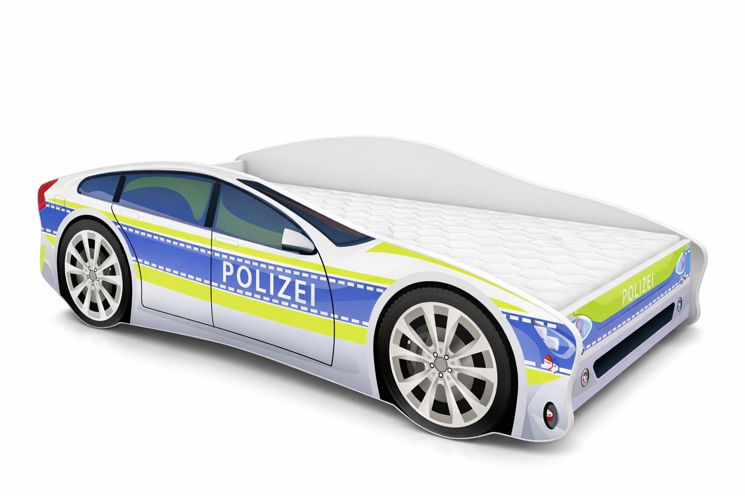 ACMA Autobett Polizei 160x80 cm - Kinderbett Auto im Polizeiwagen Design mit Matratze und Lattenrost, Jugendbett mit Rausfallschutz, Modell Polizei 1, belastbar bis 150 kg