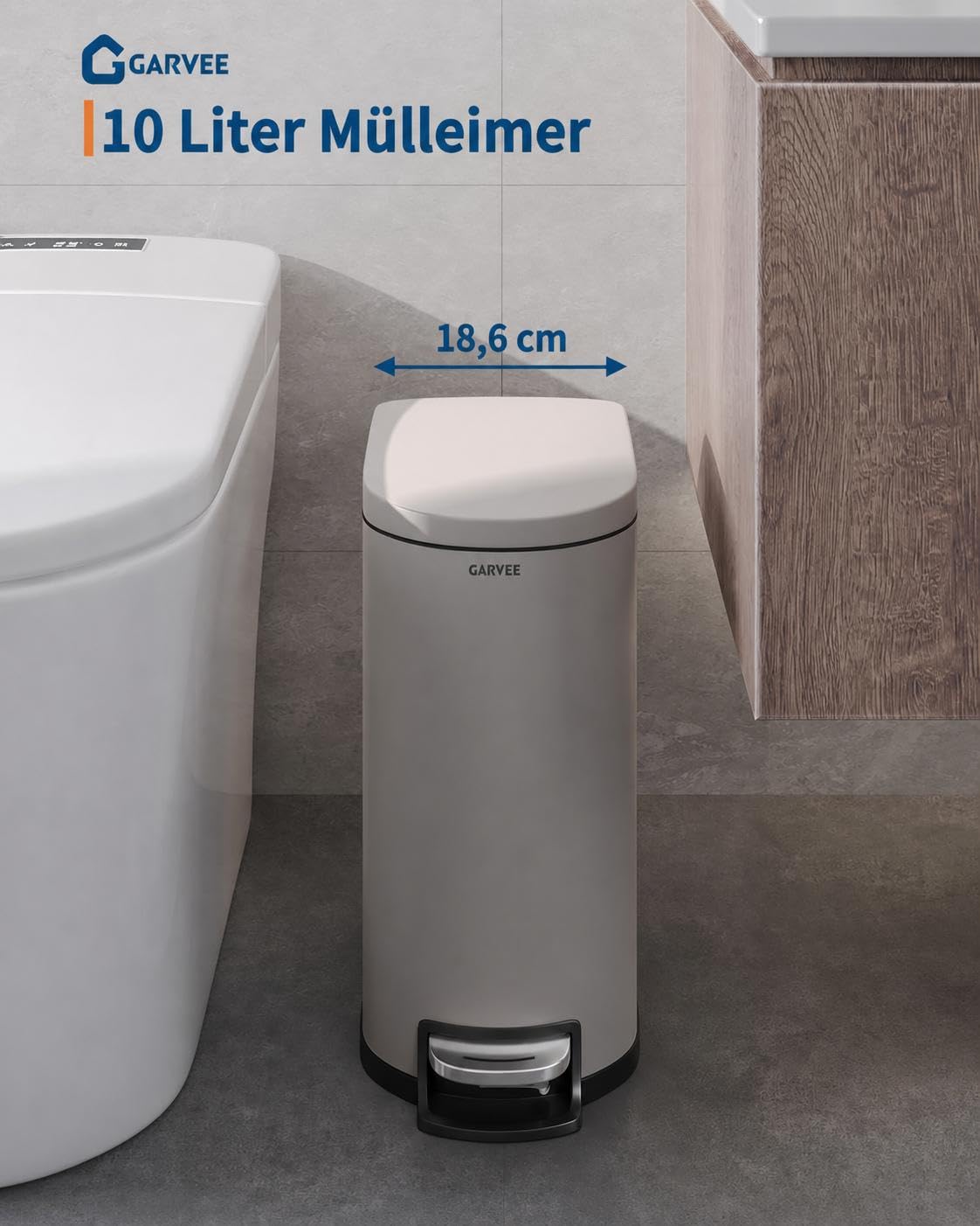 Geruchsdichter Edelstahl Mülleimer mit Deckel – Schlanker 10L Tret-Abfalleimer für Bad & Schlafzimmer – Wasserdicht, Soft-Close, herausnehmbarer Inneneimer, Griff, rutschfest, grau