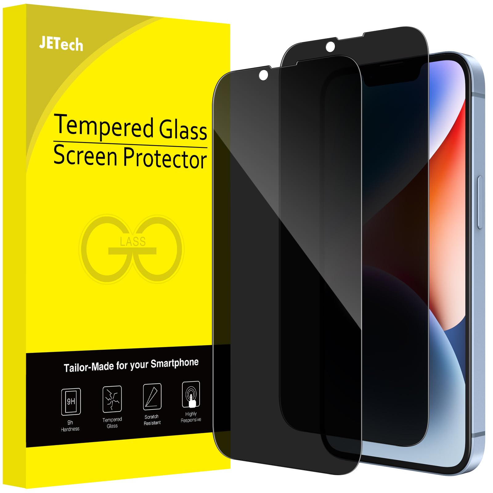 JETech Privacy Full Coverage Screen Protector for iPhone 16e 2025, iPhone 14 6.1-Inch, Anti-Spy Tempered Glass Film, Edge to Edge Protection Case-Friendly, 2-Pack