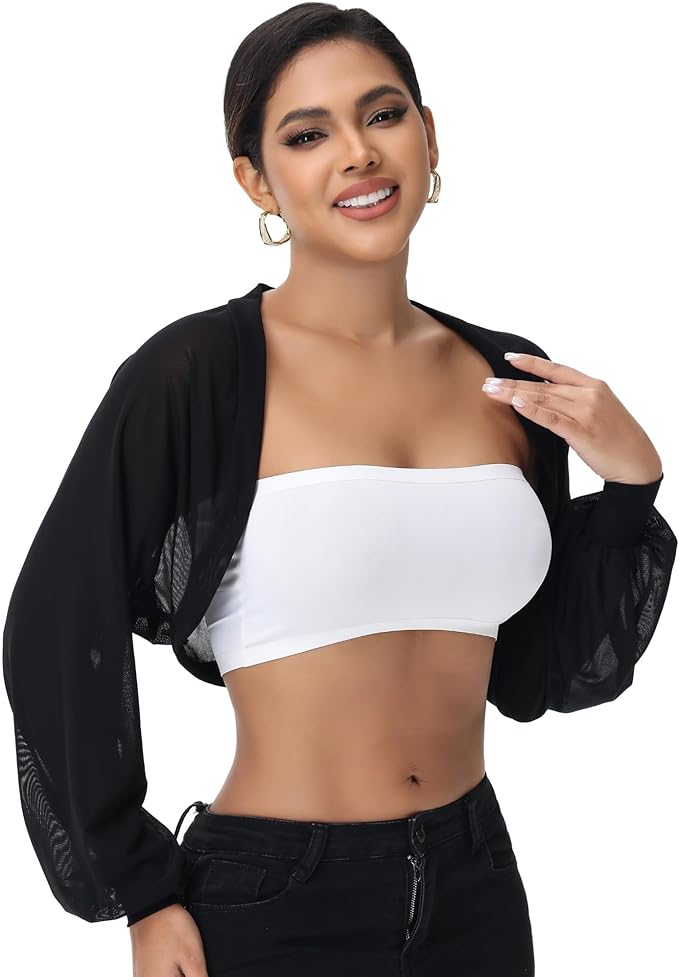 Women’s Sheer Bolero Shrug for Dresses Mesh Tulle Shrug Formal Cover Ups Sheer Shawl Long Puff Sleeve