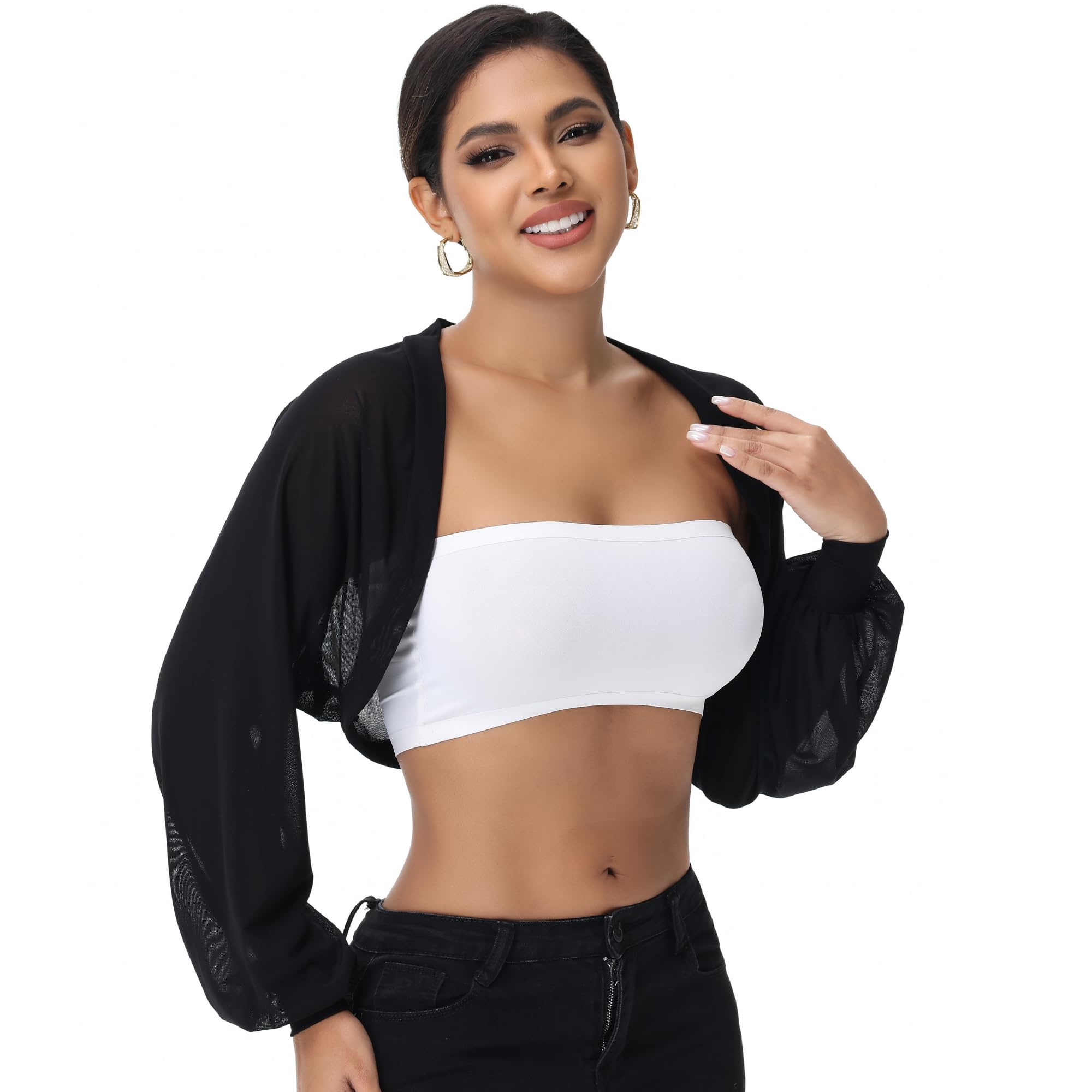 Womens Sheer Bolero Shrug for Dresses Mesh Tulle Shrug Formal Cover Ups Sheer Shawl Long Puff Sleeve