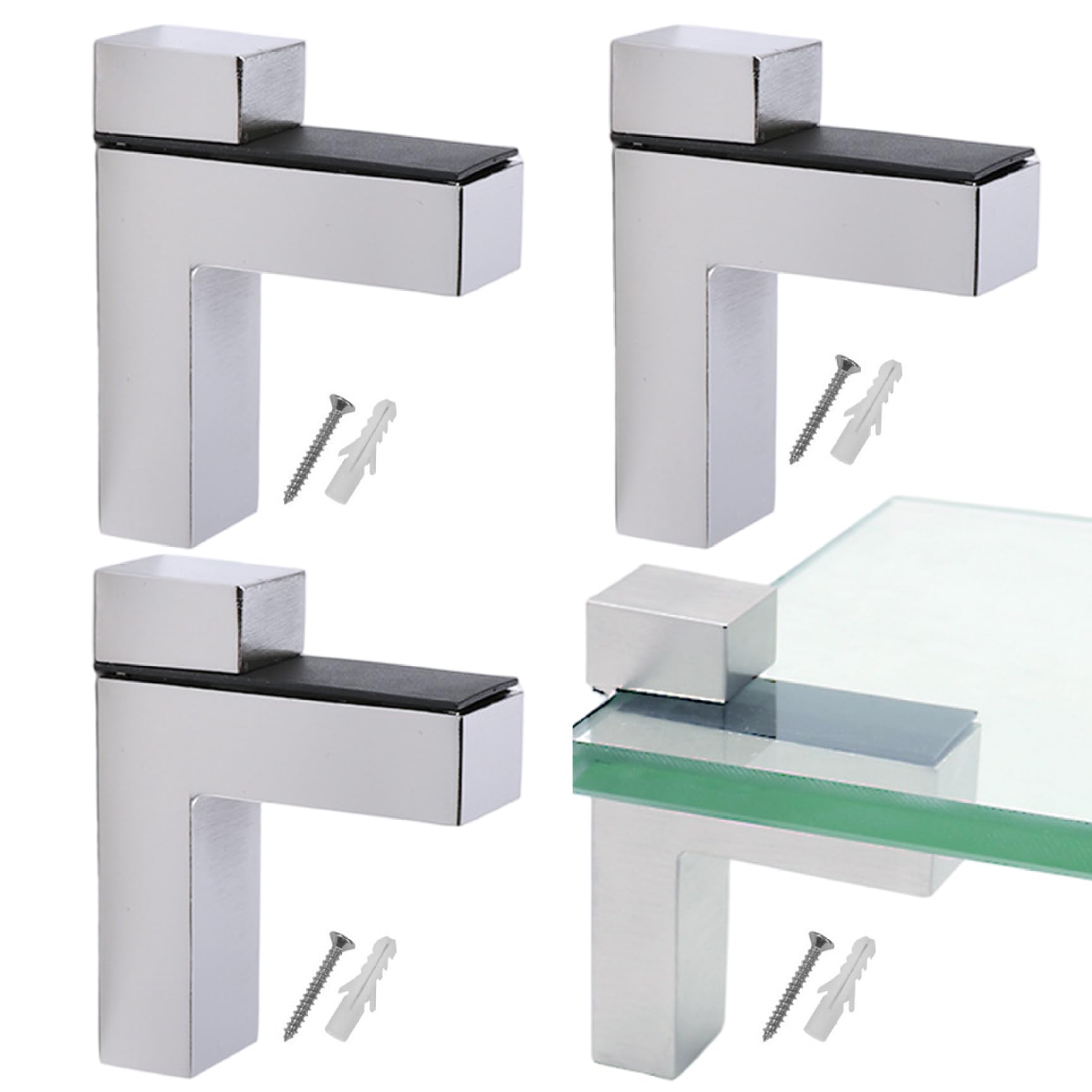 Stazamor Glass Shelf Brackets Adjustable 4 Pack F-Shaped Zinc Alloy Wall Mount Glass Shelf Support Bracket For Kitchen Bathroom, Clamp For Shelves