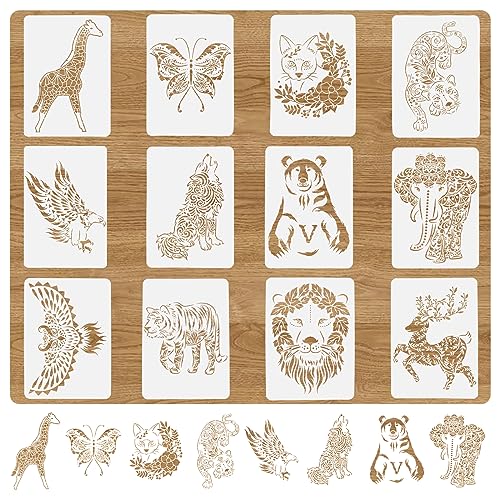 12 Stück Tiere Schablonen Kinder, 29 * 21cm Textilgestaltung Malerei Schablone, Kunststoff Malschablonen Zum Malen, Airbrush Set für DIY Handwerk Scrapbooking