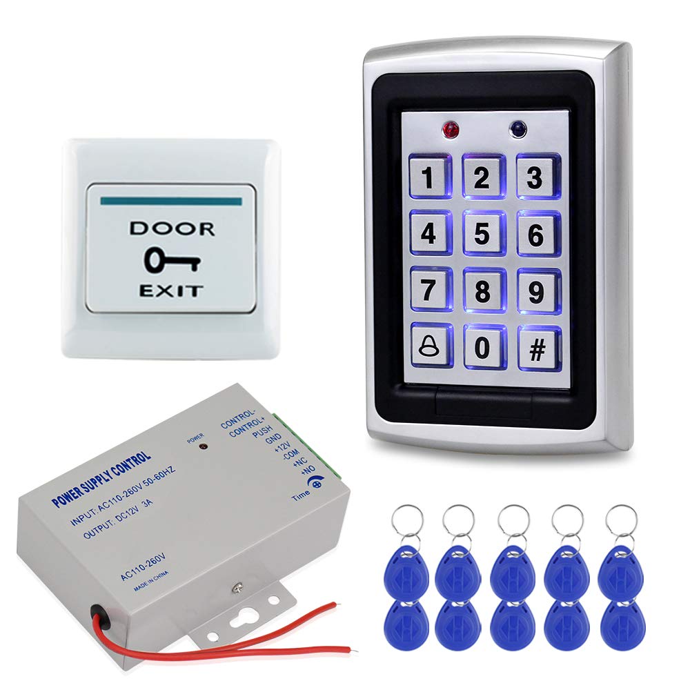 Kit Système Contrôle d'accès de Porte Boîtier Métallique Clavier RFID 125KHz + Contrôleur d'alimentation DC12V 3A + Bouton de Sortie de Porte + 10 pcs Porte-clés (sans Serrure)