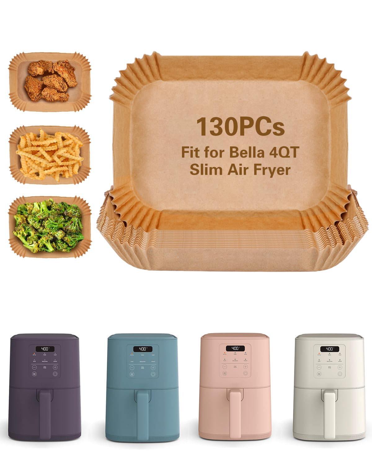 Air Fryer Disposable Paper Liner for Bella 4Qt Slim Air Fryer, 130PCs Food Grade Rectangle Airfryer Parchment Liners, Non-Stick and Oil Proof for Easy