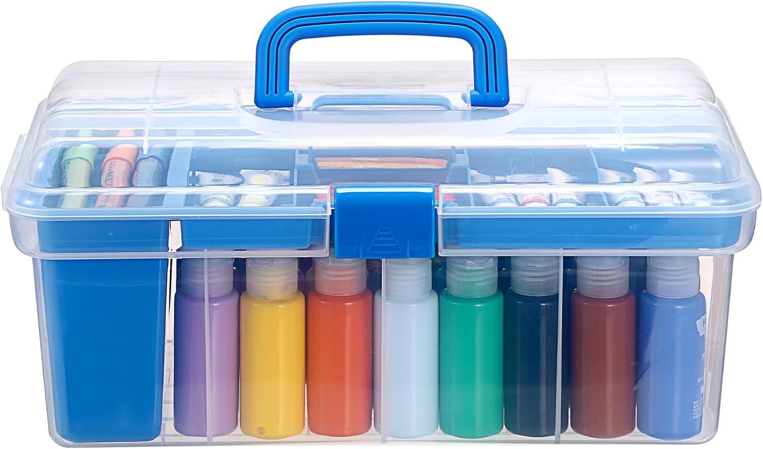 Plastic Paint Storage Box, Craft Paint Organizer with Divided Tray and Cleaning Slot, Pigment Storage Bin for 36 Bottles 2 fl. oz Acrylic Paints, Craft Art Supply Box for Stationery(Blue)