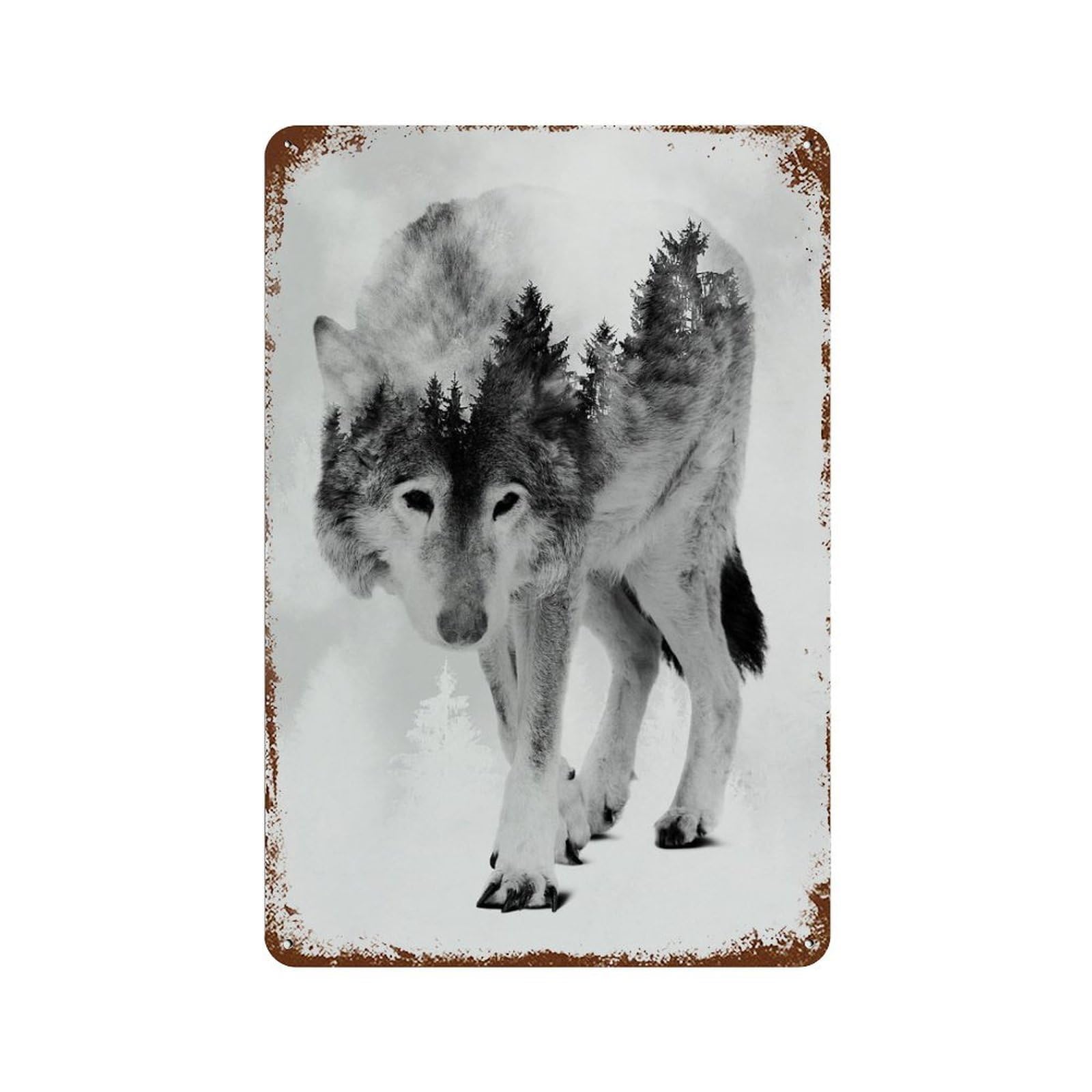 Wolf And Forest 8 Rust Effect Tin Sign 11.8"x7.9", Industrial Home Decor for Garage, Pub Or Kitchen