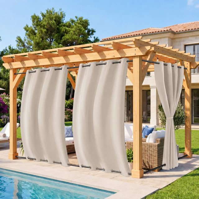 Rosnek 2erOutdoor Vorhang Wetterfest Winddicht, Balkon Gardinen mit Ösen Oben & Unten, Blickdicht Wasserdicht Sonnenschutz Sichtschutz Gardinen für Terrasse,Pergola,Pavillon, H213x B132 cm, Beige