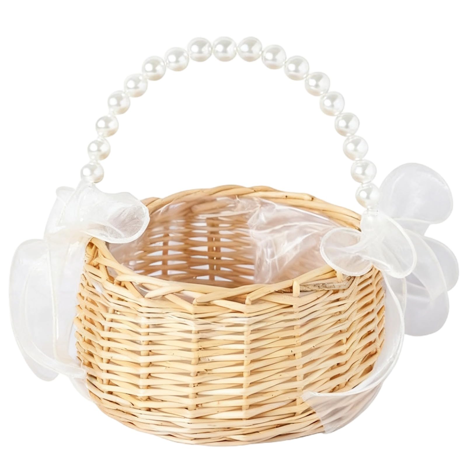 4 cestas pequeñas de mimbre con asas de perlas, 13 cm y 19 cm, color amarillo claro, cestas de sauce tejidas a mano con cinta, para decoración de fiestas de boda y embalaje de regalo