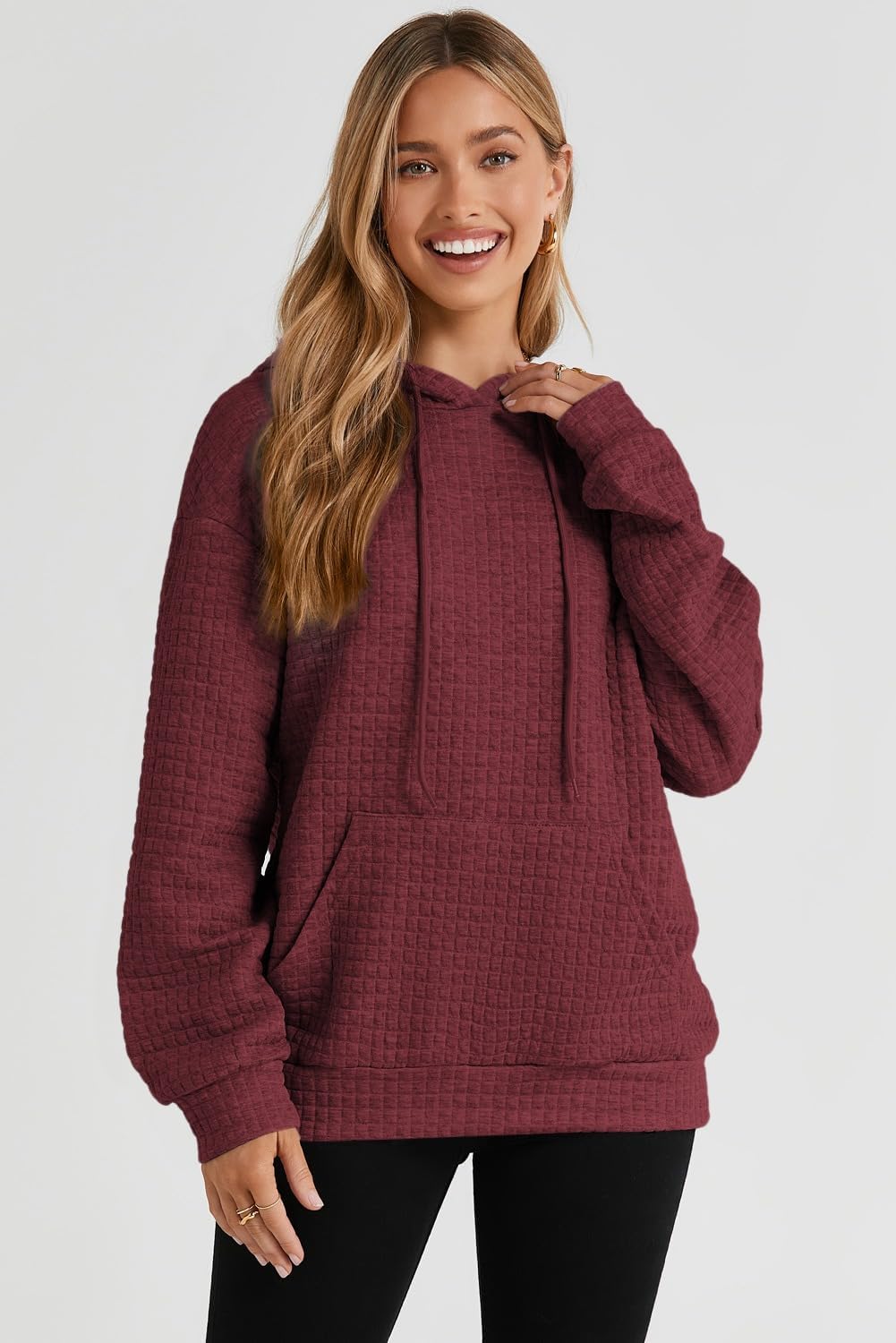 SHEWIN Womens Hoodies Casual Long Sleeve Drawstring Waffle Pullover Tops Loose Hooded Sweatshirt with Pocket - Image 2