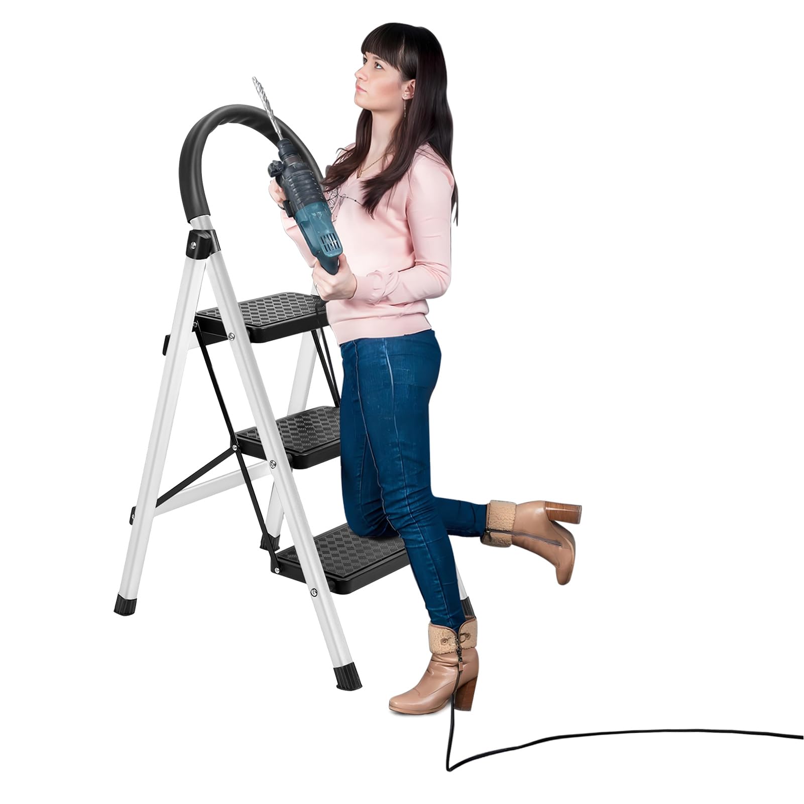 Pofluany White 3 Step Ladder, Folding Step Ladder, Folding Step Stool With Anti-Slip Wide Pedal And Handrails, Kitchen Step Stool Multi-Purpose Stepladders For Home Or Rv Outdoor Work, 330 Lbs Load