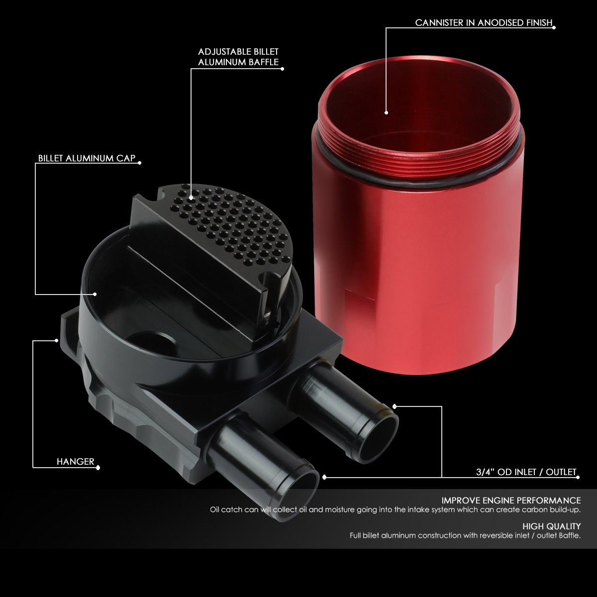 DNA Motoring PT-ZTL-9048-RD-BK - Depósito de depósito de aceite con deflector de aluminio, color rojo, 240 ml