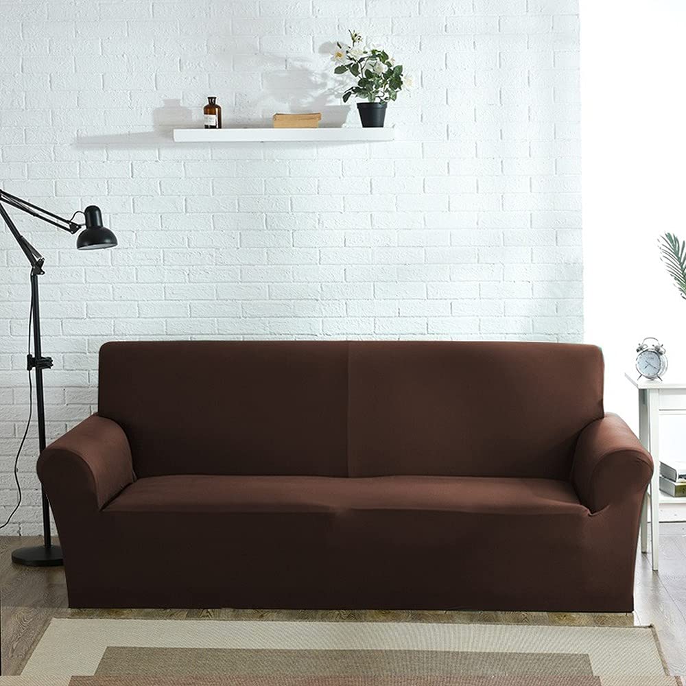 Housse de canapé extensible 4 places marron café | Revêtement universel élastique pour grand salon