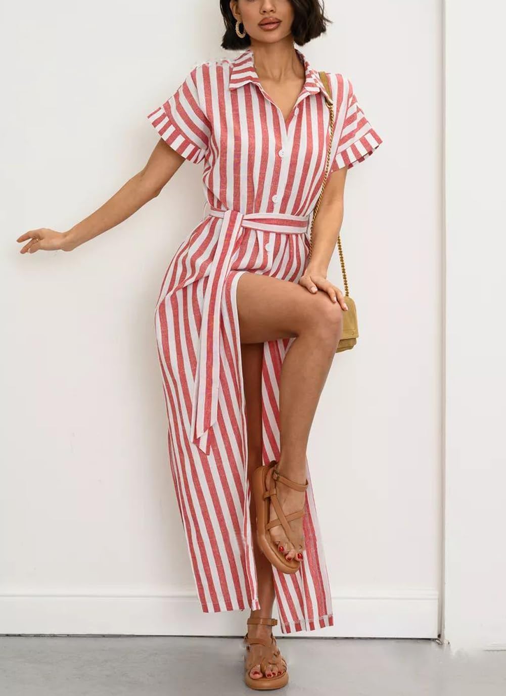 utcoco Women's 2025 Striped Short Sleeve Cotton Maxi Shirt Dress Belted Side Slit Button Down Dress with Pockets - Image 5