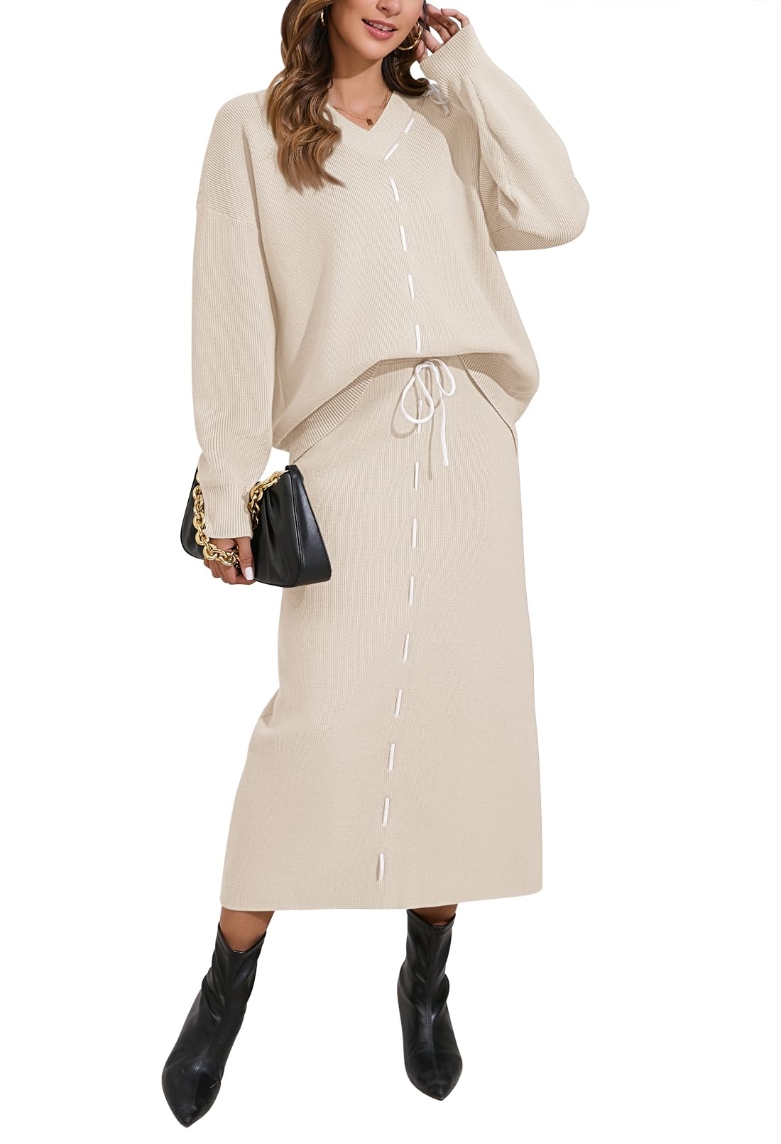 Pink Queen 2025 Womens 2 Piece Sweater Set V Neck Rib Knit Long Sleeve Maxi Bodycon Skirt Casual