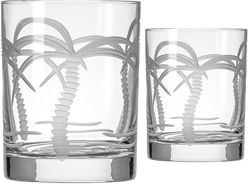 Rolf Glass Palm Tree - Vaso doble de 13 onzas, vaso de whisky grabado, sin plomo, fabricado en Estados Unidos (juego de 2)