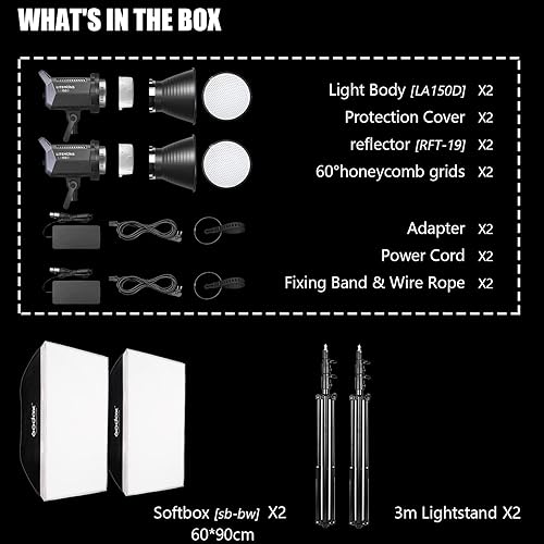 Miniatura 6 de Godox Paquete de 2 luces de video continuas LA150D 380W 5600K, 190W CRI96+ TLCI97+ 66,