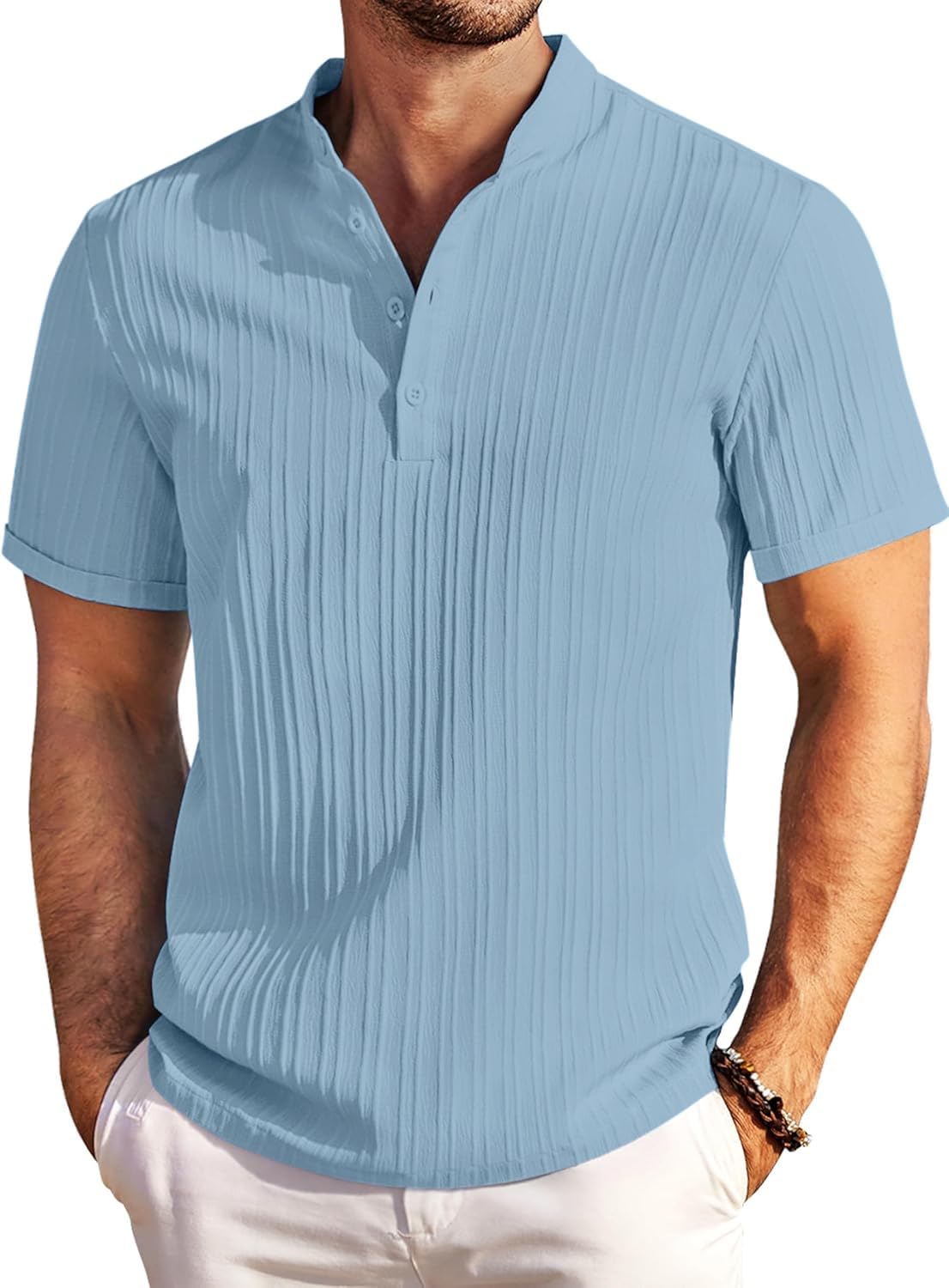 zombom Men's Casual Mandarin Collar Kurta | Half Sleeve Textured Cotton Linen Blend Henley Shirt | Lightweight Breathable Summer Beachwear for Daily Office Travel Party-picture-21