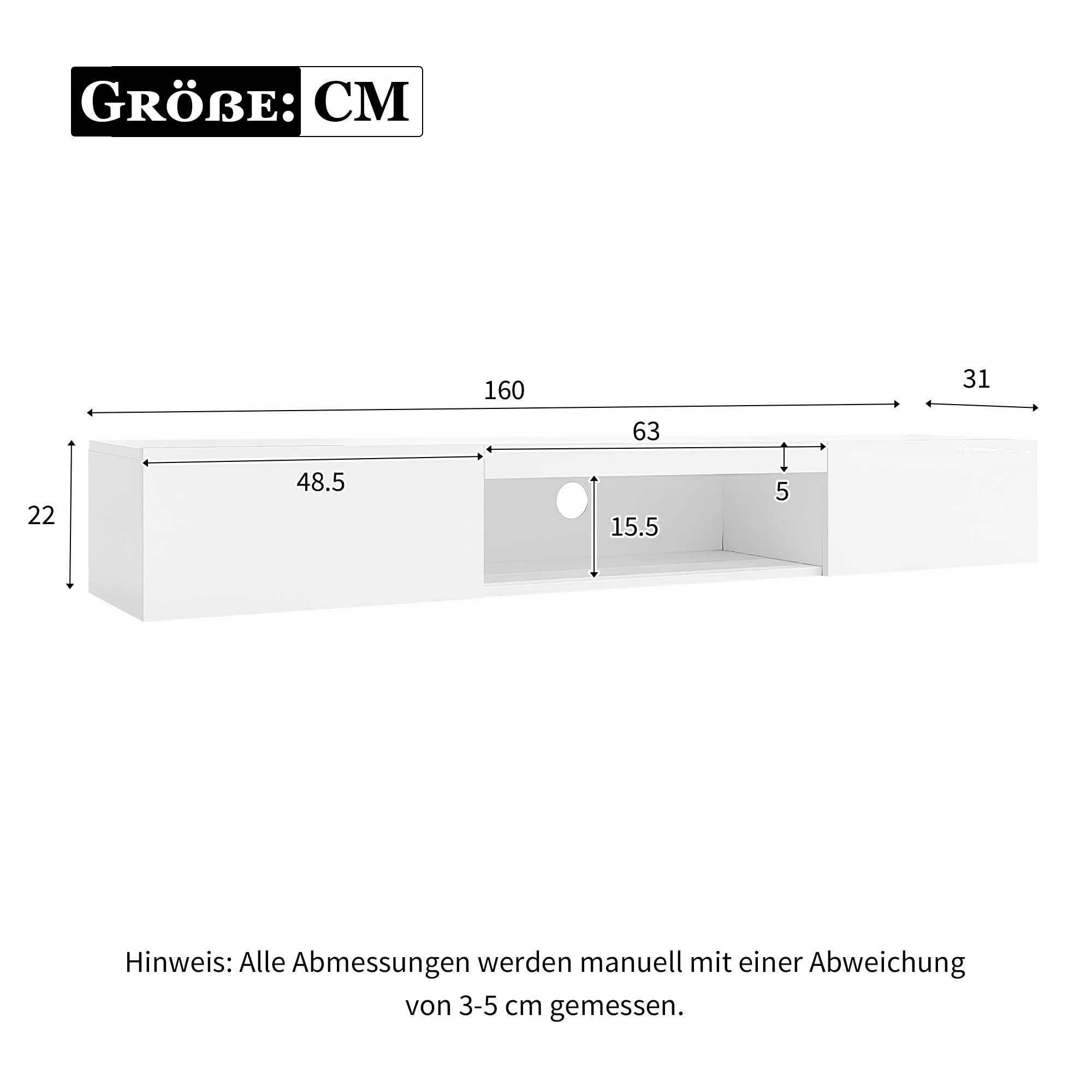 Merax TV Schrank mit LED-Beleuchtung, Lowboard Weiss Hochglanz Hängend, Breite 160 cm, TV Board mit 2 Klapptüren, offenes Fach, Moderner Fernsehschrank Hängeschrank für Wohnzimmer, Schlafzimmer