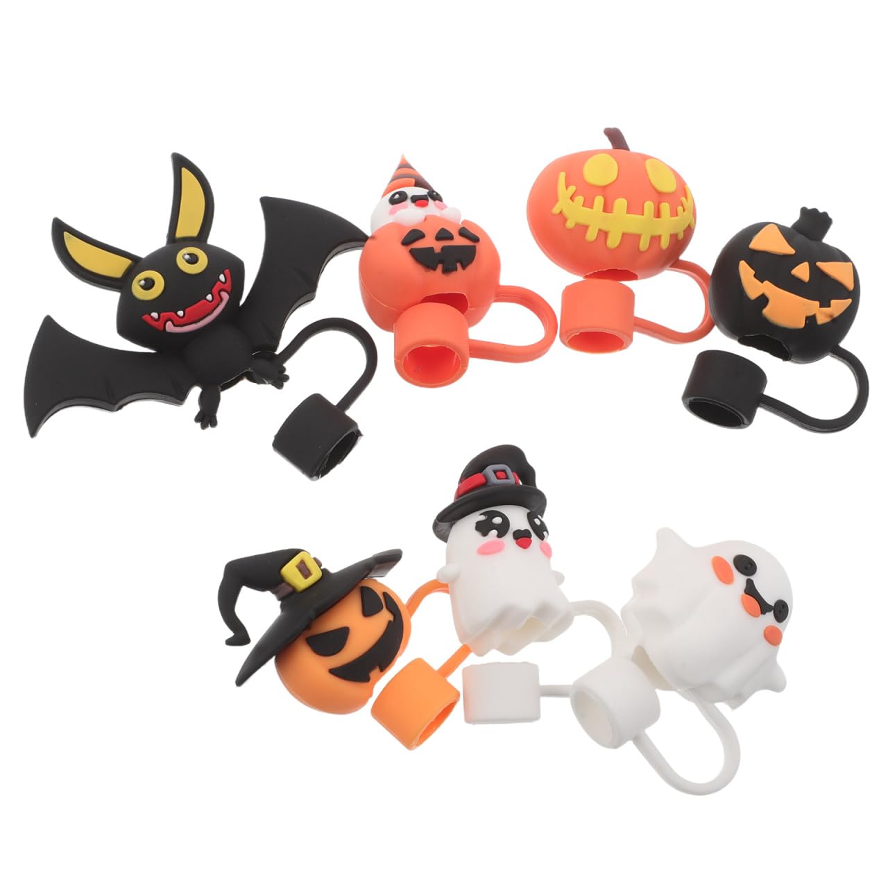 Amosfun 7 Stück Halloween-Silikon-Trinkhalm-Abdeckkappen, wiederverwendbar, staubdicht, Trinkhalm-Protektoren mit Fledermaus-Kürbis-Geister-Schädel-Designs für Party-Getränke-Dekoration