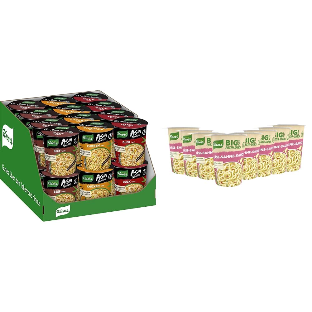 Knorr Instant Nudeln Asia Noodles verschiedene Sorten schnelles Nudelgericht 24 Stück & Big Pasta Snack Pot Käse-Sahne-Sauce leckeres Nudelgericht fertig in nur 5 Minuten 8 x 92 g Becher