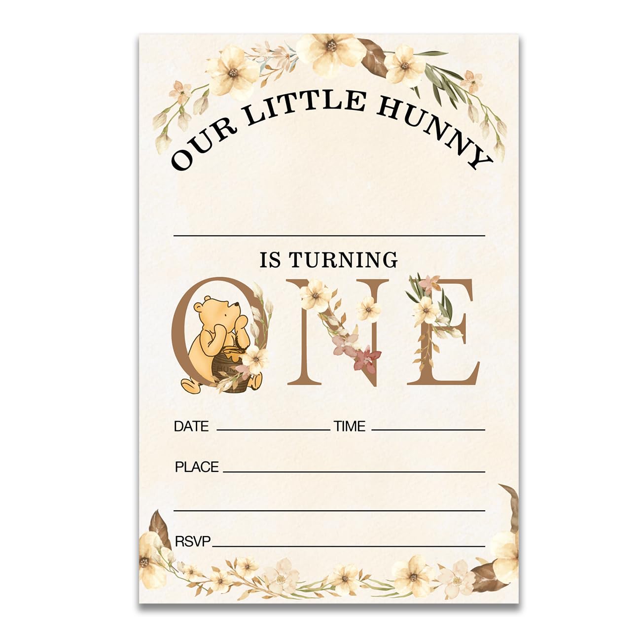 Dolimifa Floral Winnie the Pooh 1st Birthday Invitations Fill in Style Classic Our Little Hunny Honey Bear Winnie 1st Birthday Invites, 20 Count With