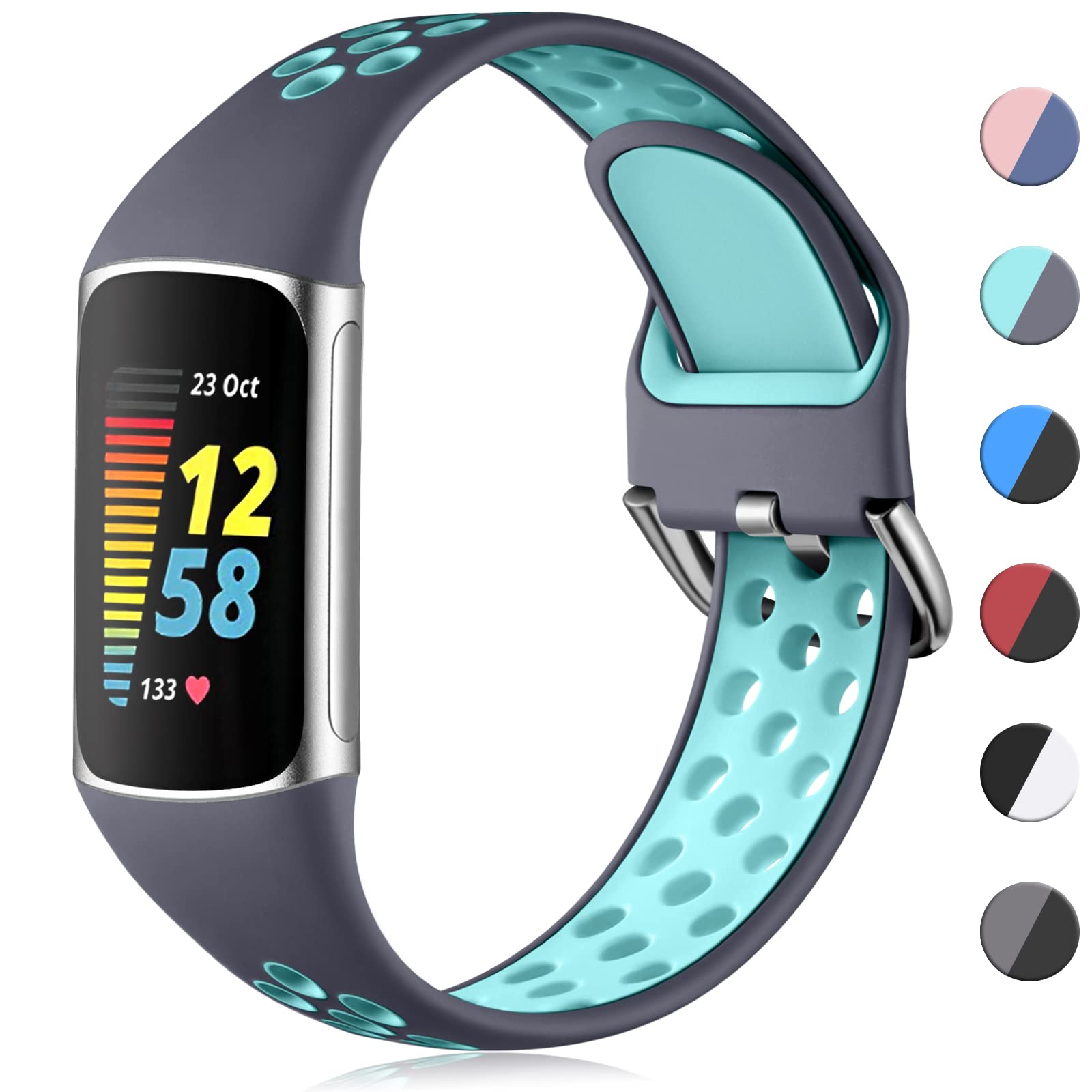 CeMiKa Sport Silicone Strap Compatible with Fitbit Charge 5/6, Waterproof Soft Adjustable Breathable Sport Bands, Small/Large