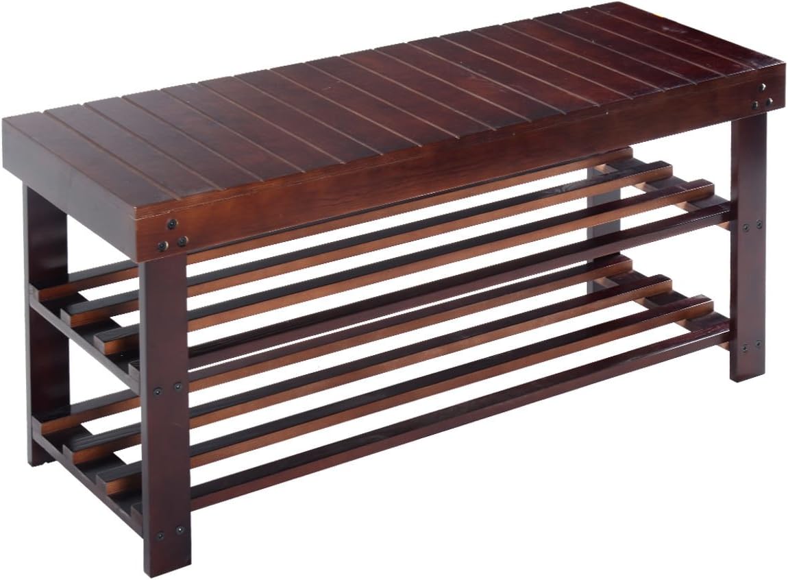 36" Espresso 2-Tire Functional Hallway Wood Shoe Bench Rack Entryway Storage Organizer Seat with Ebook