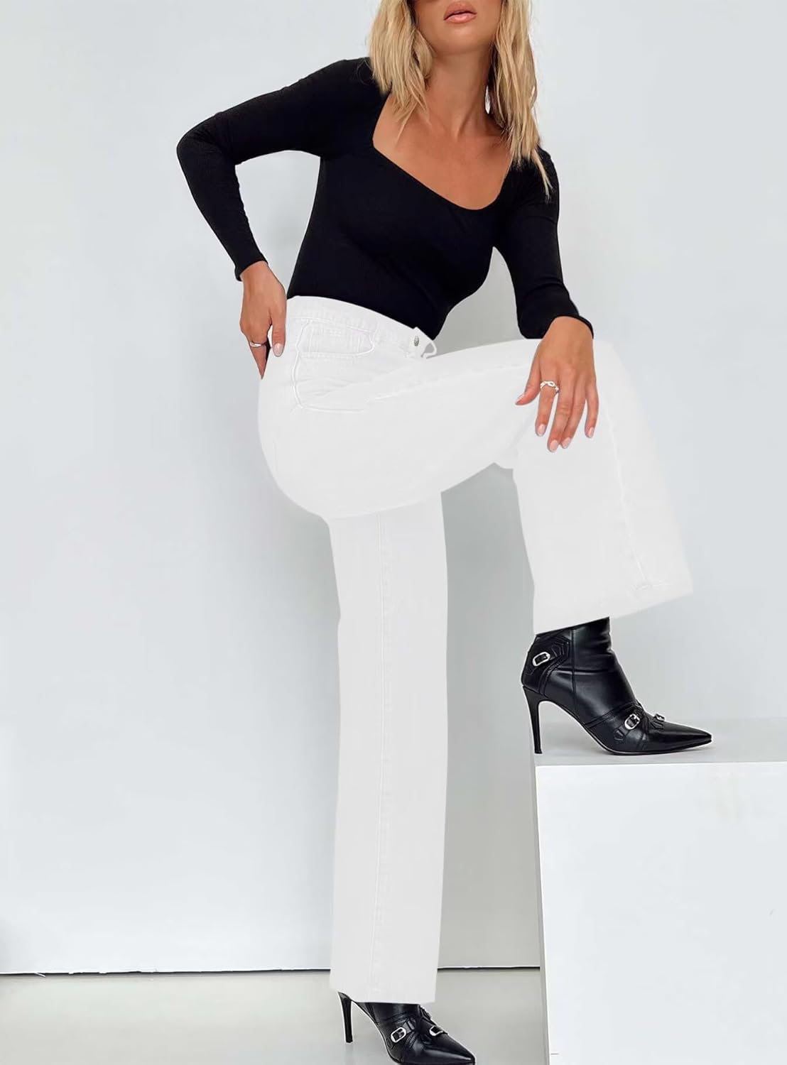 KDF Straight Leg Jeans for Women High Waisted Jeans Frayed Baggy Pants Raw Hem Loose Stretchy Cropped Wide Leg Jeans