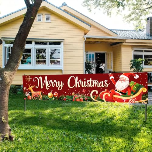 Image of Christmas Sleigh Outdoor Banner 78.7 x 17.7 Inch Santa with Gifts and Reindeer on Red Background Festive Holiday Decoration for Yard Garden Fence Porch or Patio Display
