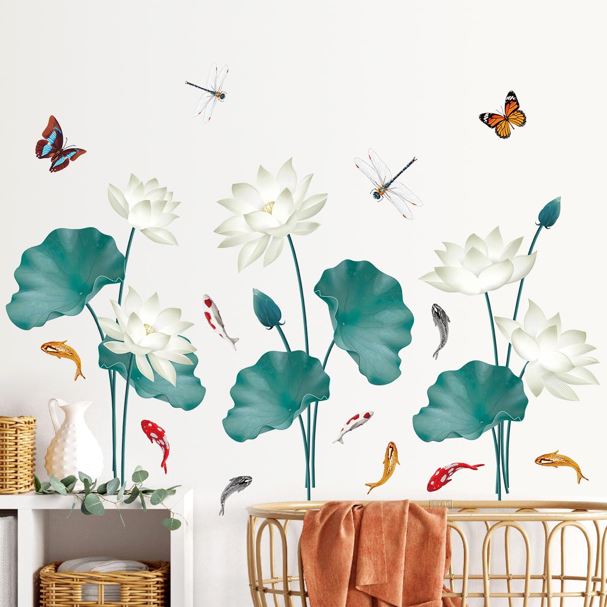 DRWSSR New Creative Lotus Dragonfly Carp Wall Decal Large Lotus Leaf Lotus Pod Wall Sticker DIY Removable Peel and Stick Wall Art Mural for Living Room Bedroom Bathroom TV Sofa Background Decoration