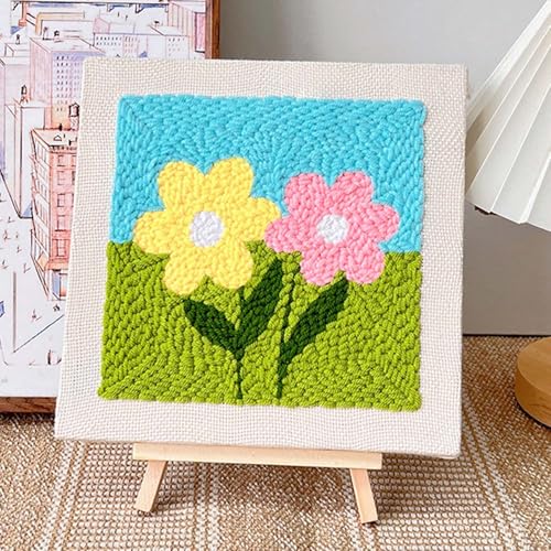 Image of Allazone Punch Needle Starter Kit, Embroidery Frame With Square Fabric, Flower Pattern, Hoop, Yarns (Yellow and Pink Flowers)