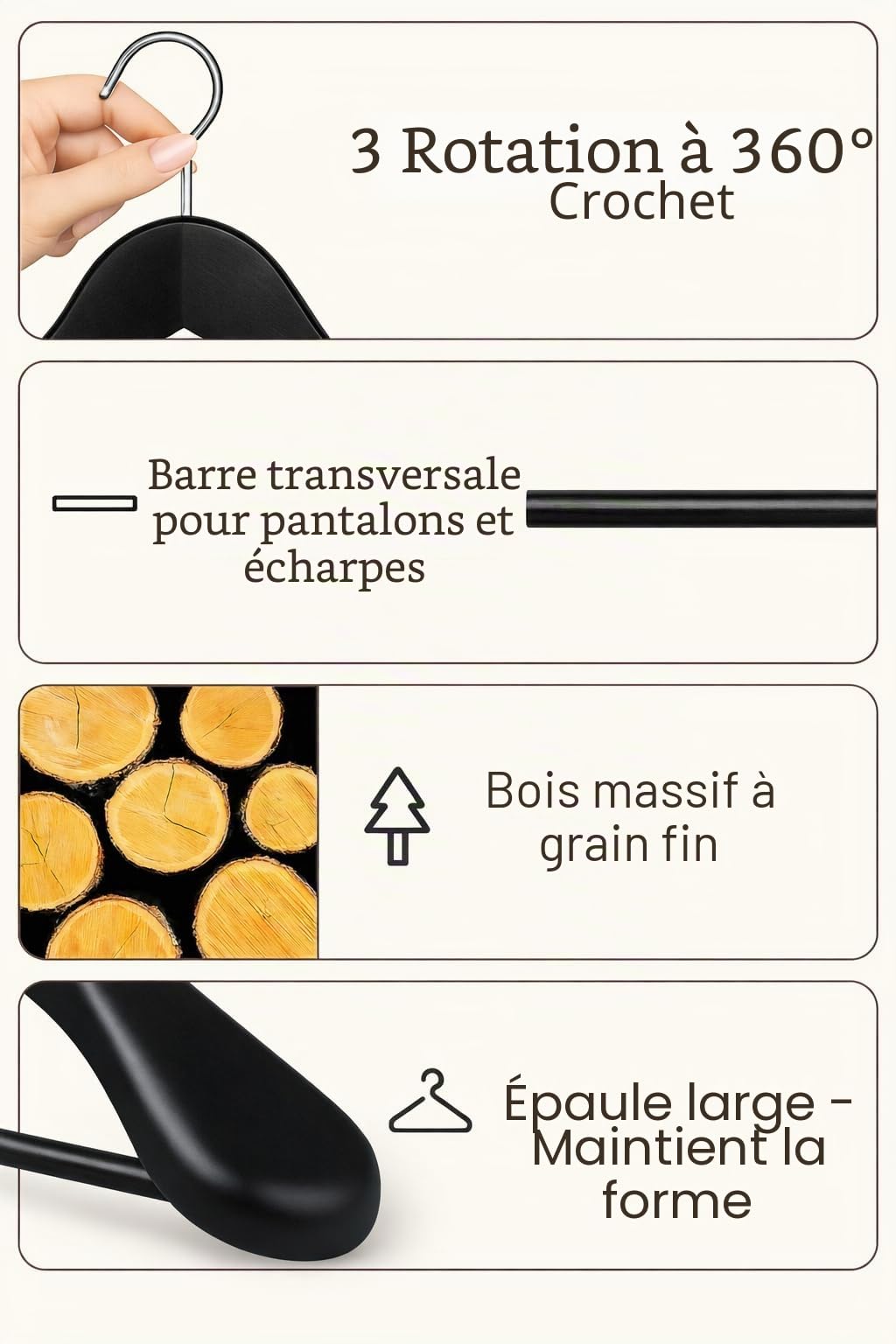 MELA'S Lot de 12 cintres larges en bois naturel antidérapant pour veste stable, costume, chemises, épaules extra larges, 45 x 23 x 5,5 (noir)