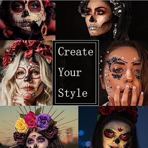 Miniatura 6 de Paquete de 4 calcomanías de cristal negro para Halloween, tatuajes faciales, diseño de festival de Halloween, diseño de cara de sirena, diamantes de