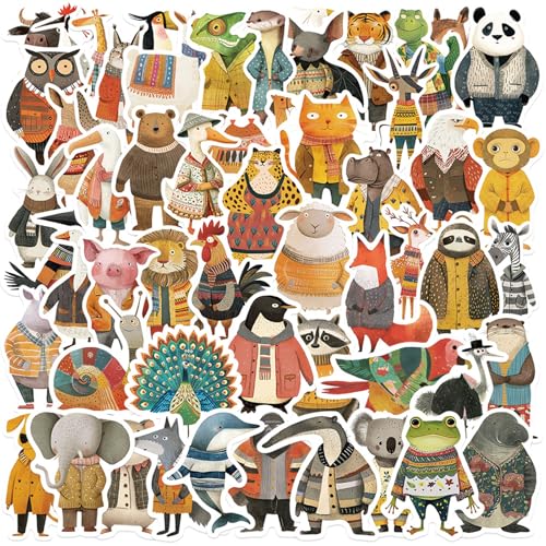 Dewocke Pegatinas de Animales Ilustración, 50 Piezas Set Impermeables, Pegatinas para Niños, Decoración para Portátil, Maleta, pegatinas de Dibujos Animados para Scrapbooking (Animales con Ropa)