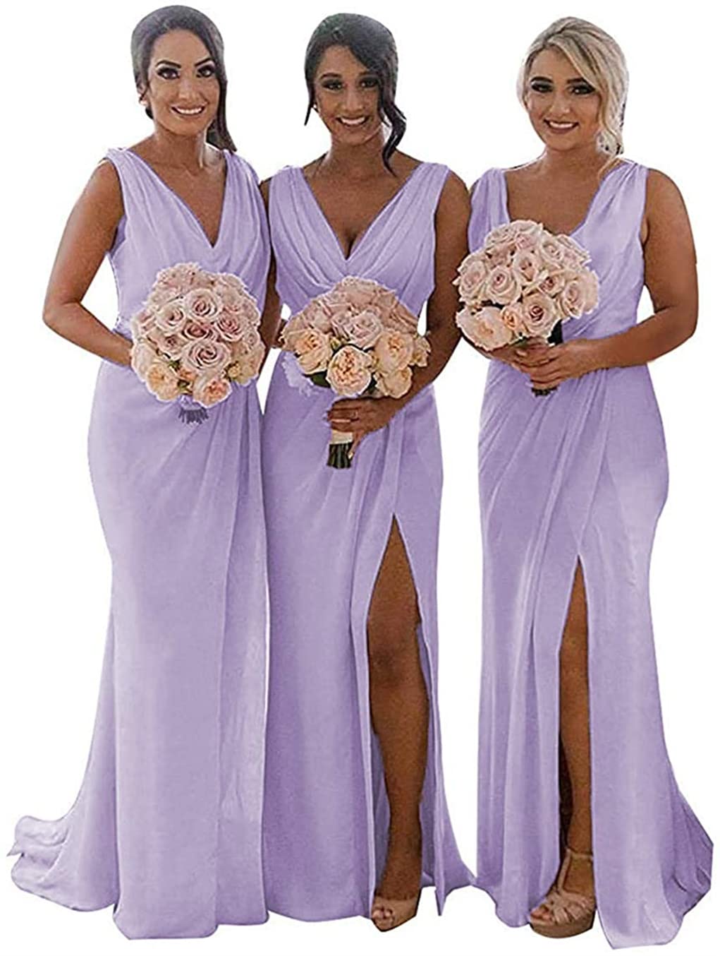 Yiann Women's Lilac Double V Neck Bridesmaid Dresses Long Ruched Prom Dress With Slit Evening Gowns For Uk08