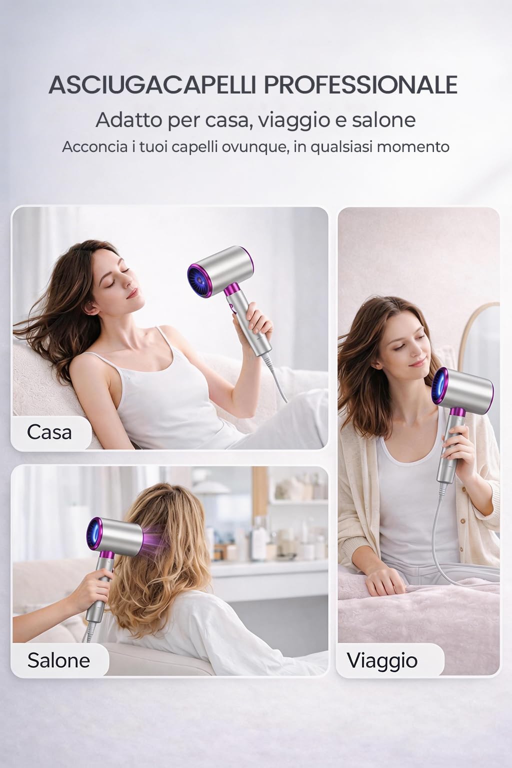 Phon Capelli Professionale Asciugacapelli Lonico 2400W AC Motore 3 Temperature/2 Velocità con Diffusore e Concentratori per Molte Acconciatur