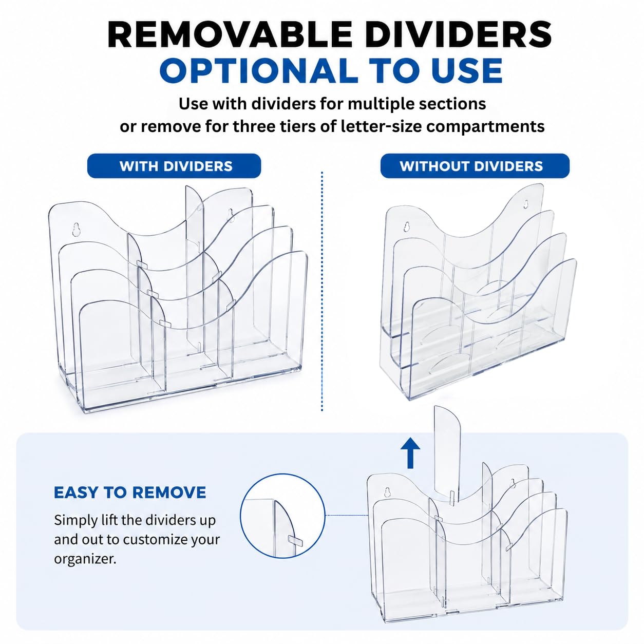 Azar Displays 250099-6PK - Organizador de pared de escritorio de tres niveles con divisores, soporte de exhibición de folletos acrílico, transparente, paquete de 6