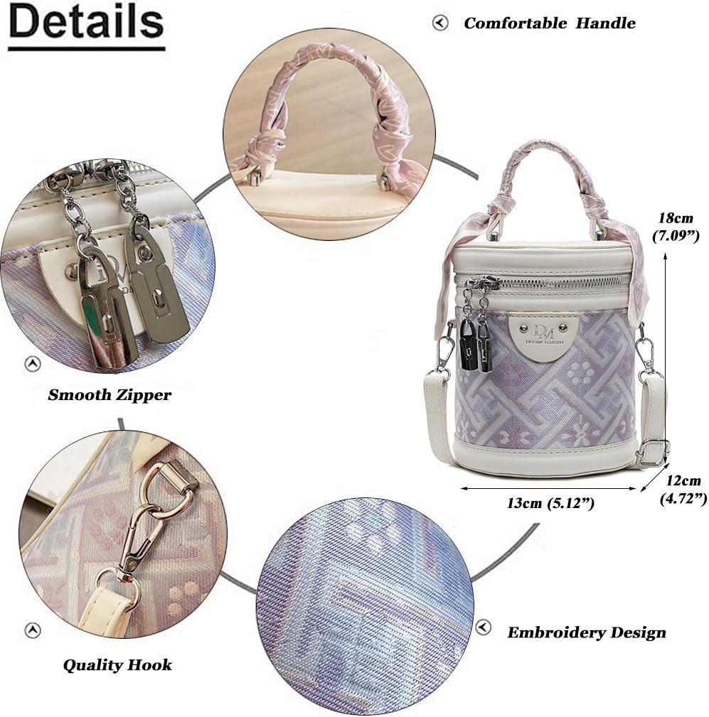 RTGGSEL Retro Canvas Bucket Bag Color Contrast Cylinder Purse for Women Shoulder Crossbody Handbag with Zipper - Image 4