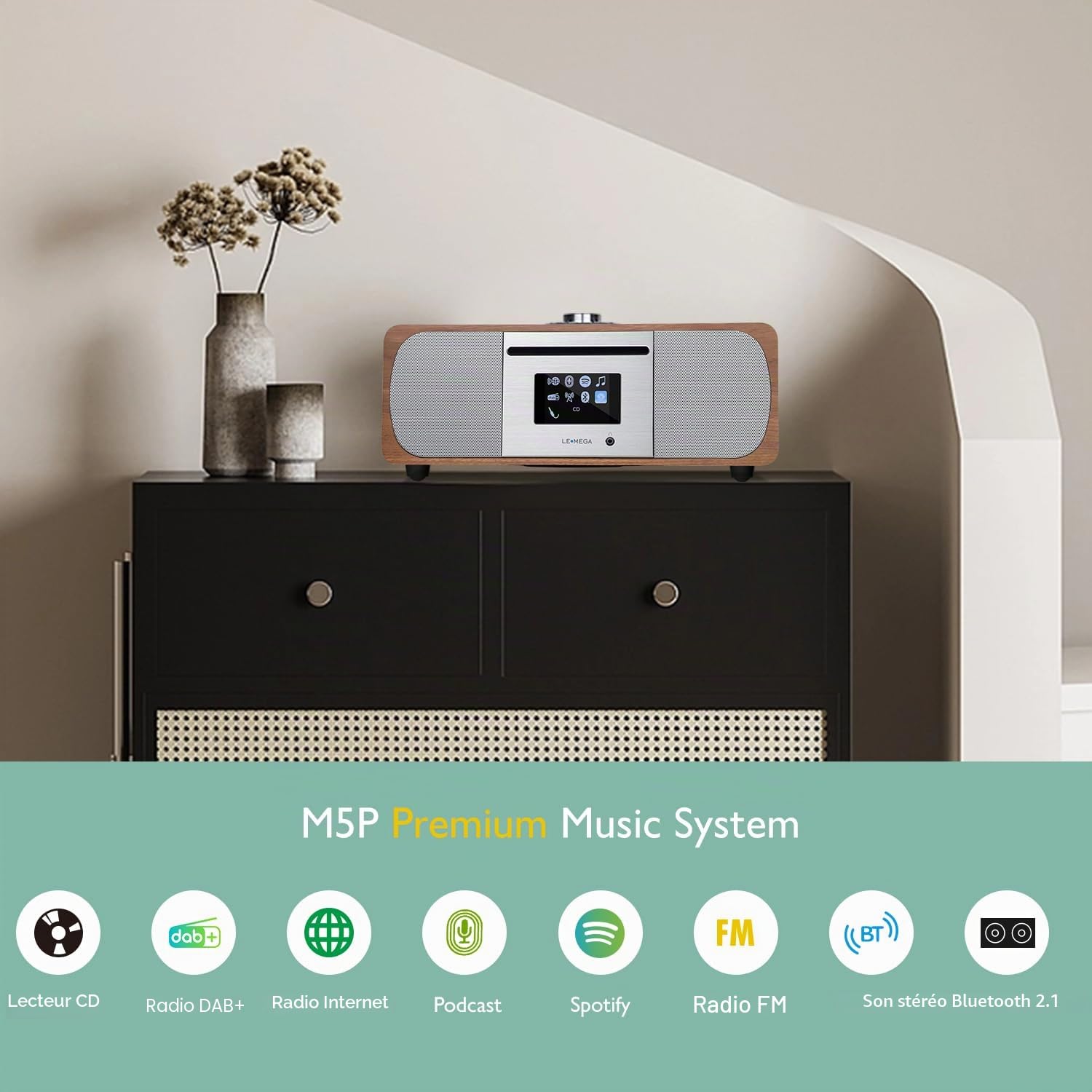 LEMEGA M5P Radio Dab avec Lecteur CD,Radio Internet WiFi,Radio Numérique Dab+ FM,Bluetooth, Spotify,Système Musical Hi-FI Stéréo 35W,Lecteur USB,Double Alarme,Horloge avec Télécommande(Noyer Foncé)